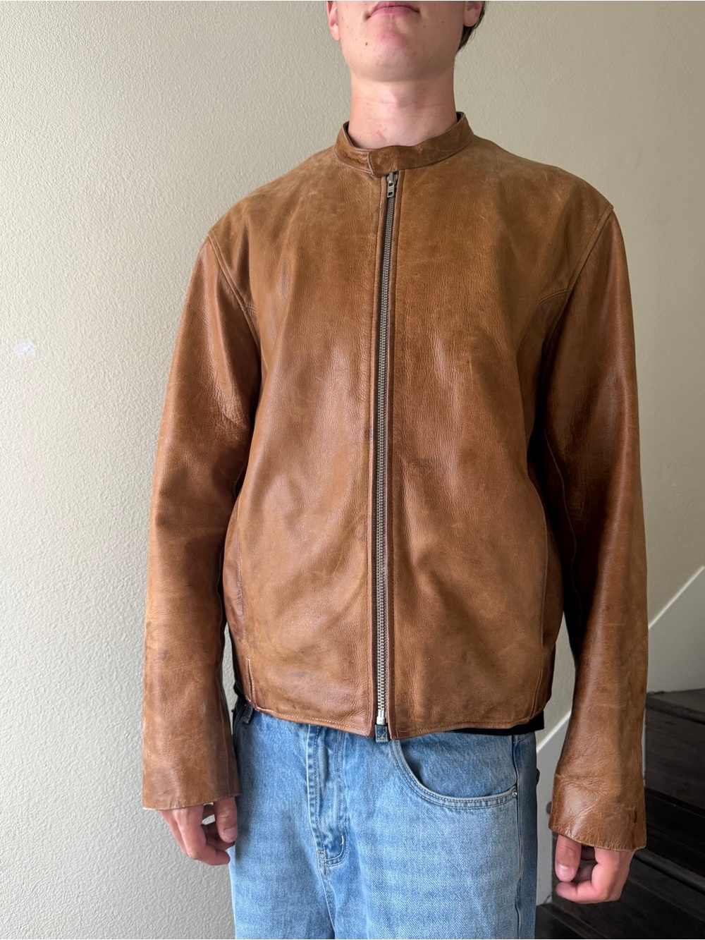 Armani Exchange Men's Tan Brown Leather Bomber Jacket